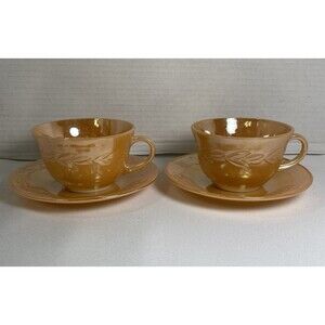 VTG Fire King Peach Laurel Leaf Luster Ware Cup & Saucer Set Anchor Hocking Set
